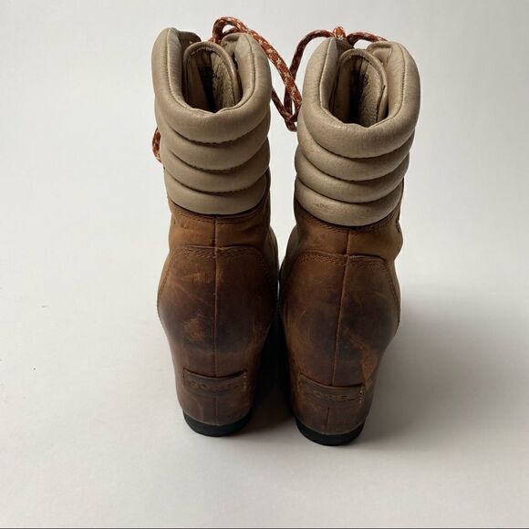 Sorel Conquest Wedge Ankle Boots Elk Camel Leather Lace Up 9.5 PDX - Picture 4 of 6